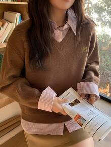 Dazy Plus 时尚休闲撞色拼接衬衫领宽松字母刺绣大码女式套头毛衣，秋冬款 - 棕色 - 查看 3
