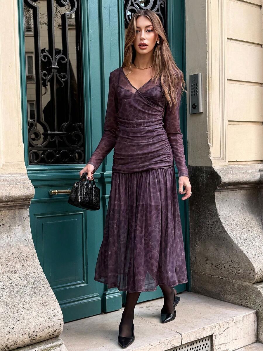 SHEIN PariChic Mesh Printed Leopard Pattern Maxi Dress With Long Sleeve Criss-Cross Neck Long Sleeve T-Shirt Purple Midi Dress Long Sleeve Midi Dress Purple Ruched Dress Purple Wrap Dress Pleated Midi Dress Purple Two Piece Set Women Pleated Skirt Set 2 Piece Skirt Sets Woman - Brown - View 1