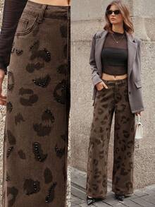 Selenza 女士时尚水钻装饰印花牛仔裤 - 棕色 - 查看 1