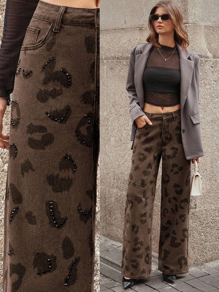 Selenza 女士时尚水钻装饰印花牛仔裤 - 棕色 - 查看 1