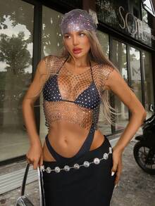 Swim SXY Women's Rhinestone Fishnet Sexy Deep V Neck Crop Top Cover Up Bikini Hollow Out Tank Tops, Suitable For Holiday Parties And Carnivals - Black - View 1