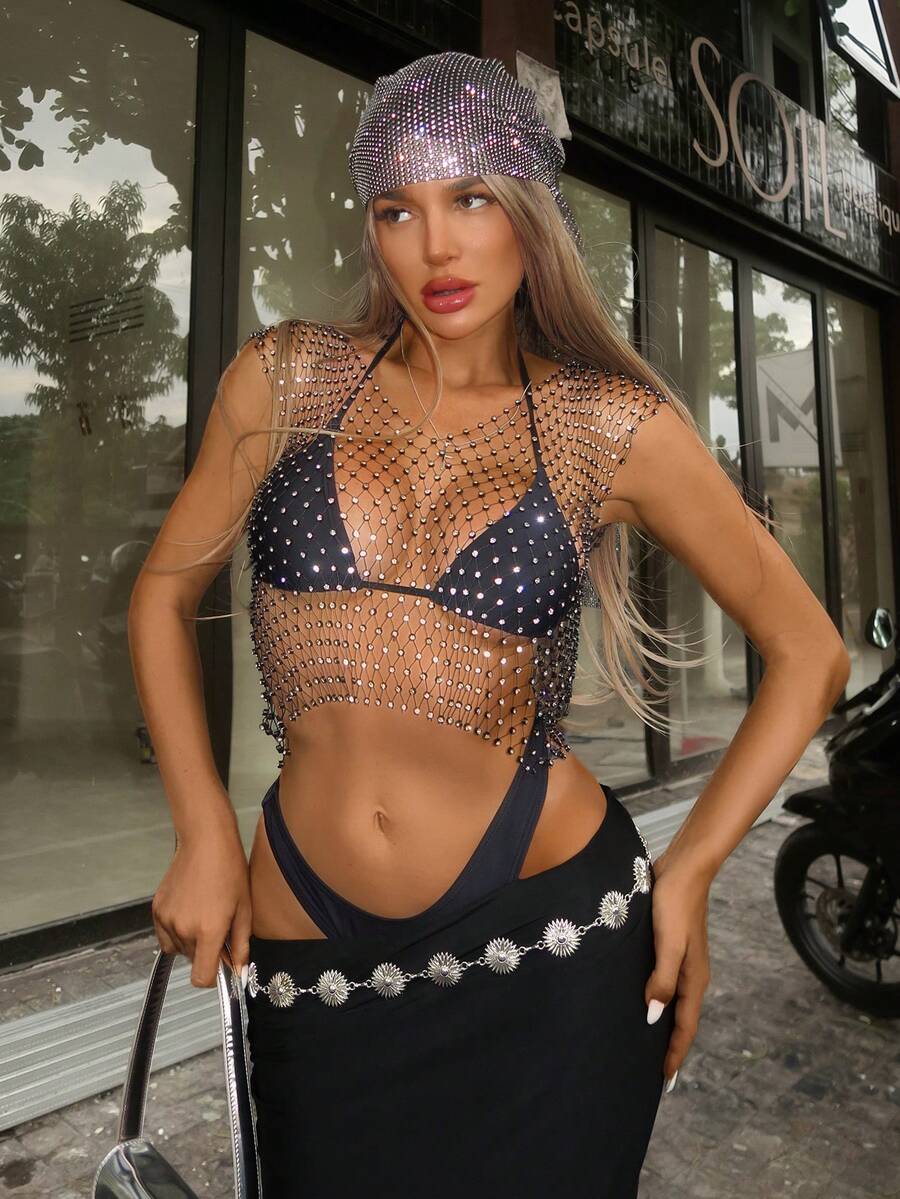 Swim SXY Women's Rhinestone Fishnet Sexy Deep V Neck Crop Top Cover Up Bikini Hollow Out Tank Tops, Suitable For Holiday Parties And Carnivals - Black - View 1