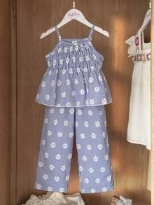 Vintaside Kids 两件套女童格纹碎花印花无袖上衣和配套长裤，修身款式，适合外出、休闲、运动、派对等场合。