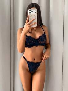 Aloruh New Year, Christmas, Party, High-End, Quality, Versatile Wear, Sexy, Woman, Red, Blue, Sexy Gathered 3/4 Cup Bralette, Lace Sexy Women's Underwear Set 2 Pieces Women's Sexy Lace Bra And Panty Set - Multicolor - View 6
