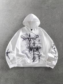 ROMWE MEN Street Life Men's Casual Fashionable Street Cross & Slogan Print Drawstring Hoodie, Spring/Autumn - White - View 1