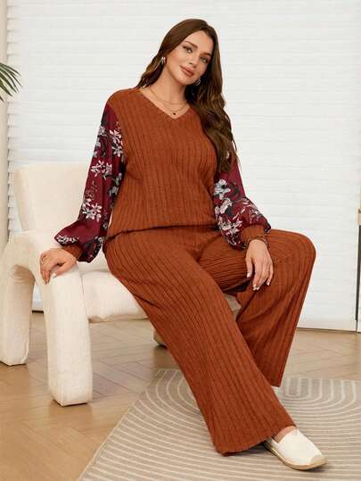 Rosumi 2pcs Plus Size Women Fall Casual Vacation Floral Print Patchwork Long Sleeve Brown Top And Pants Set With Pockets,Autumn/Winter,Plus Size Winter Clothes, Brown Two Piece Women Sets Pants, 2 Piece Lounge Sets Woman, Two Piece Set Women Comfy,Comfortable And Breathable, Brown Two Piece Set Women, Comfortable Two Piece Set, 2 Piece Casual Sets Woman,,Going Out Outfits,2026 New Clothes,Simple And Fashionable For Everyday Wear,Early Spring,Vacation Outfits Women ,Holiday Outfits For Women,Spring Outfit Women,Valentine's Day ,Valentine Outfits For Women