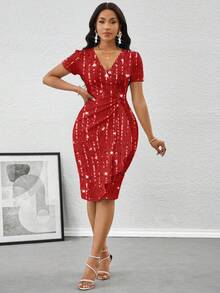 SHEIN Lady Vestido midi ajustado con cuello halter cruzado y mangas cortas para mujer - Rojo - Ver 6