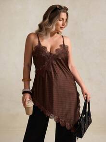 Elegantrix 大码时尚性感波点印花蕾丝边不对称下摆吊带背心 - 彩色 - 查看 4