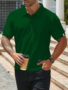 Manfinity Homme 男士休闲通勤纽扣半开襟 Polo 衫 高尔夫球衫 男士 Polo 衫 领子 Manfinity 男士夏季纯色短袖休闲通勤 Polo 衫 高尔夫球衫 男士短袖 Polo 衫 - 墨綠色 - 查看 3