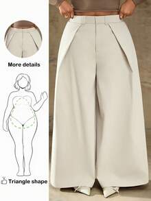 Truni 大码女式纯色褶皱休闲宽松阔腿裤高腰裤，适合梨形三角身材/2026/新年 - 卡其色 - 查看 1