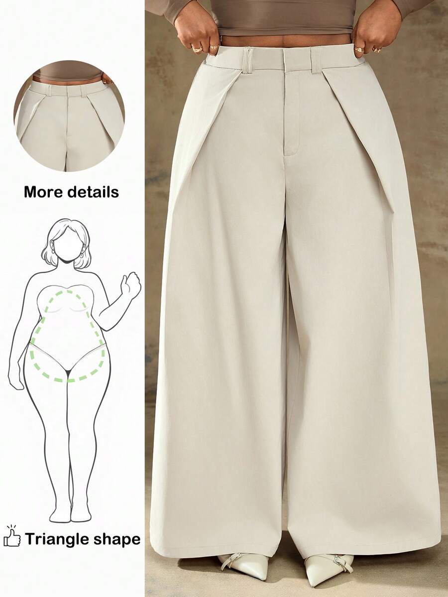 Truni 大码女式纯色褶皱休闲宽松阔腿裤高腰裤，适合梨形三角身材/2026/新年 - 卡其色 - 查看 1