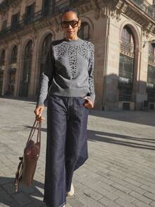 Maija Women's Dark Gray Mock Neck Studded Design Sweater, Versatile, Casual, Comfortable, Loose Fit, Raglan Sleeve, Long Sleeve Top, Sparkling Studded Accent, Business Casual, Office Wear Street-Cool, Holiday Vacation Summer Going Out Graduation - Grey - View 8