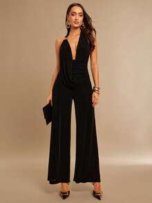 Silquee Mono de mujer con escote halter y espalda descubierta, elegante y versátil para ir al trabajo y reuniones - Negro - Ver 3