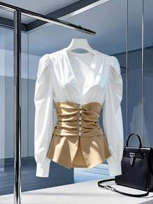 GlowEve 女士时尚优雅撞色褶皱长袖衬衫 - 彩色 - 查看 3