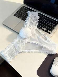 Pom Pom Decor Lace Panty Lingerie - White - View 1