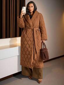 SHEIN BAE Plus Size Fashionable Versatile Solid Color Belted Jacket, Winter - Brown - View 1