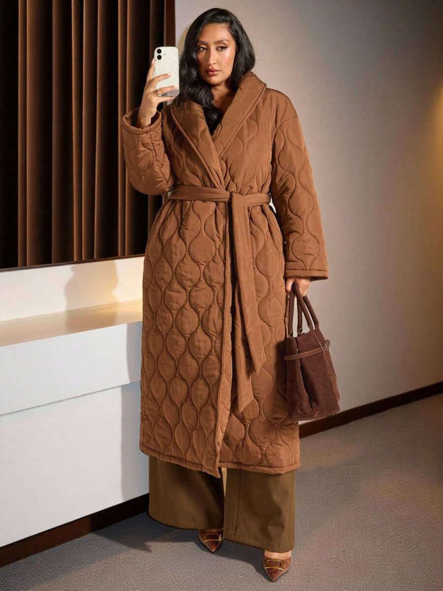 SHEIN BAE Plus Size Fashionable Versatile Solid Color Belted Jacket, Winter - Brown - View 1