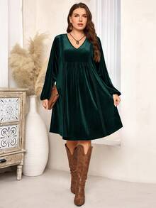 EMERY ROSE 大码女式V领长袖丝绒蕾丝拼接连衣裙，秋冬款 - 墨綠色 - 查看 3