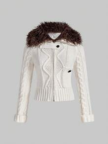 ROMWE Grunge Punk 复古纹理立领修身针织开衫 - 白色 - 查看 1