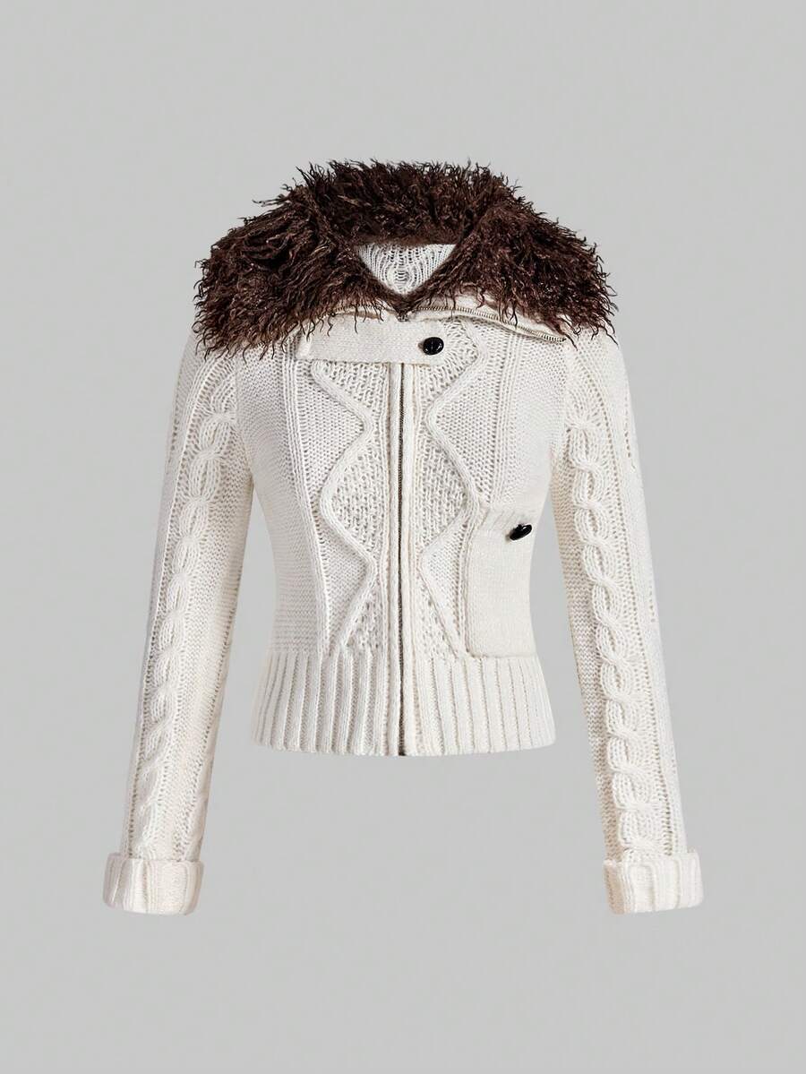 ROMWE Grunge Punk 复古纹理立领修身针织开衫 - 白色 - 查看 1