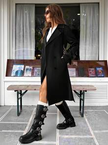 SHEIN EZwear 秋冬女士纯色前扣长袖休闲衬衫 - 黑色 - 查看 3