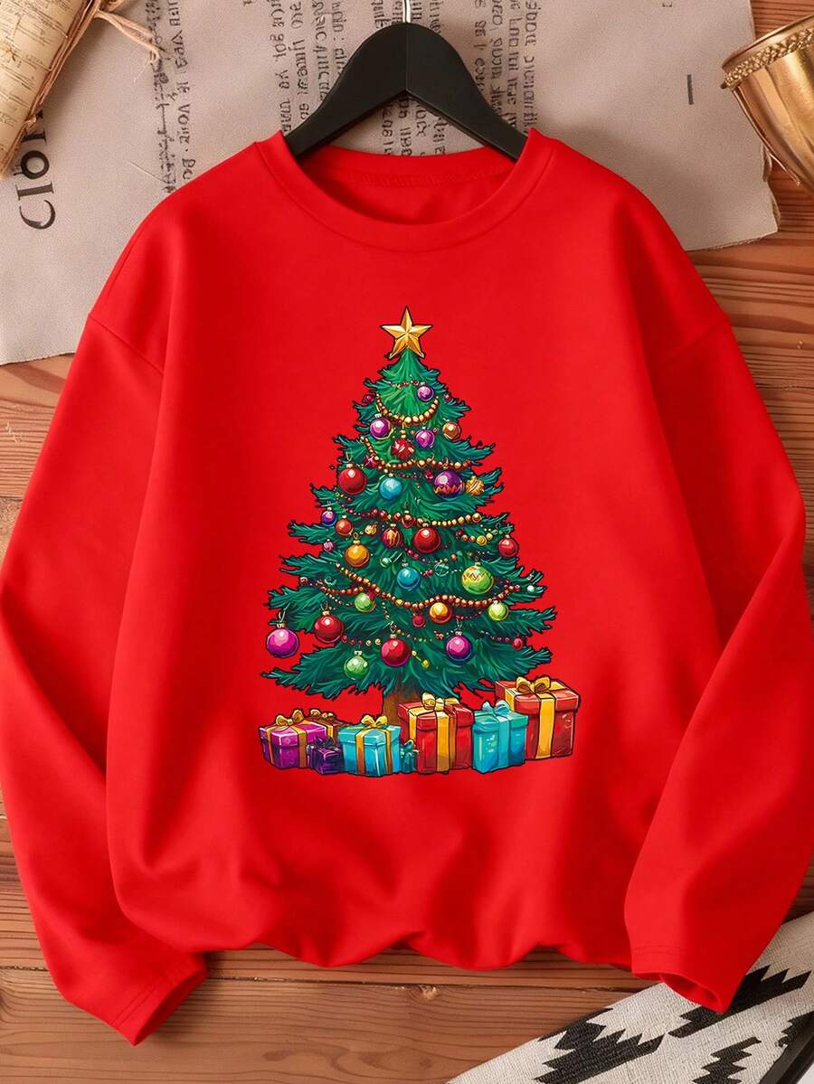 DrmWander Imprimé graphique thème de Noël, pull de haute qualité teint aux pigments, fleur de Noël col rond manches longues