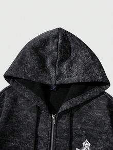 ROMWE MEN 男士休闲仿雪花拉链连帽卫衣 - 黑色 - 查看 5