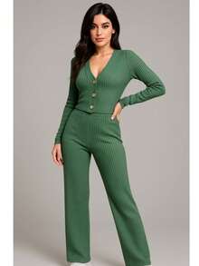 Conjunto Sexy Dama Premium Dos Piezas Botones Pantalón Cómodo Suéter botones Manga Larga Cuello V Pantalón recto - verde - Ver 5