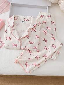 Sparklyn 女学生睡衣，少女可爱蝴蝶结印花开襟长领长裤长袖休闲两件套家居服 - 彩色 - 查看 6