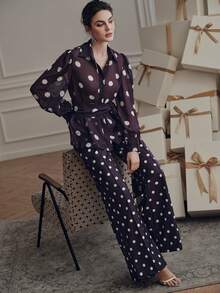 Anewsta 女士波点衬衫+阔腿裤两件套，优雅百搭的时尚设计 - 紫色 - 查看 5