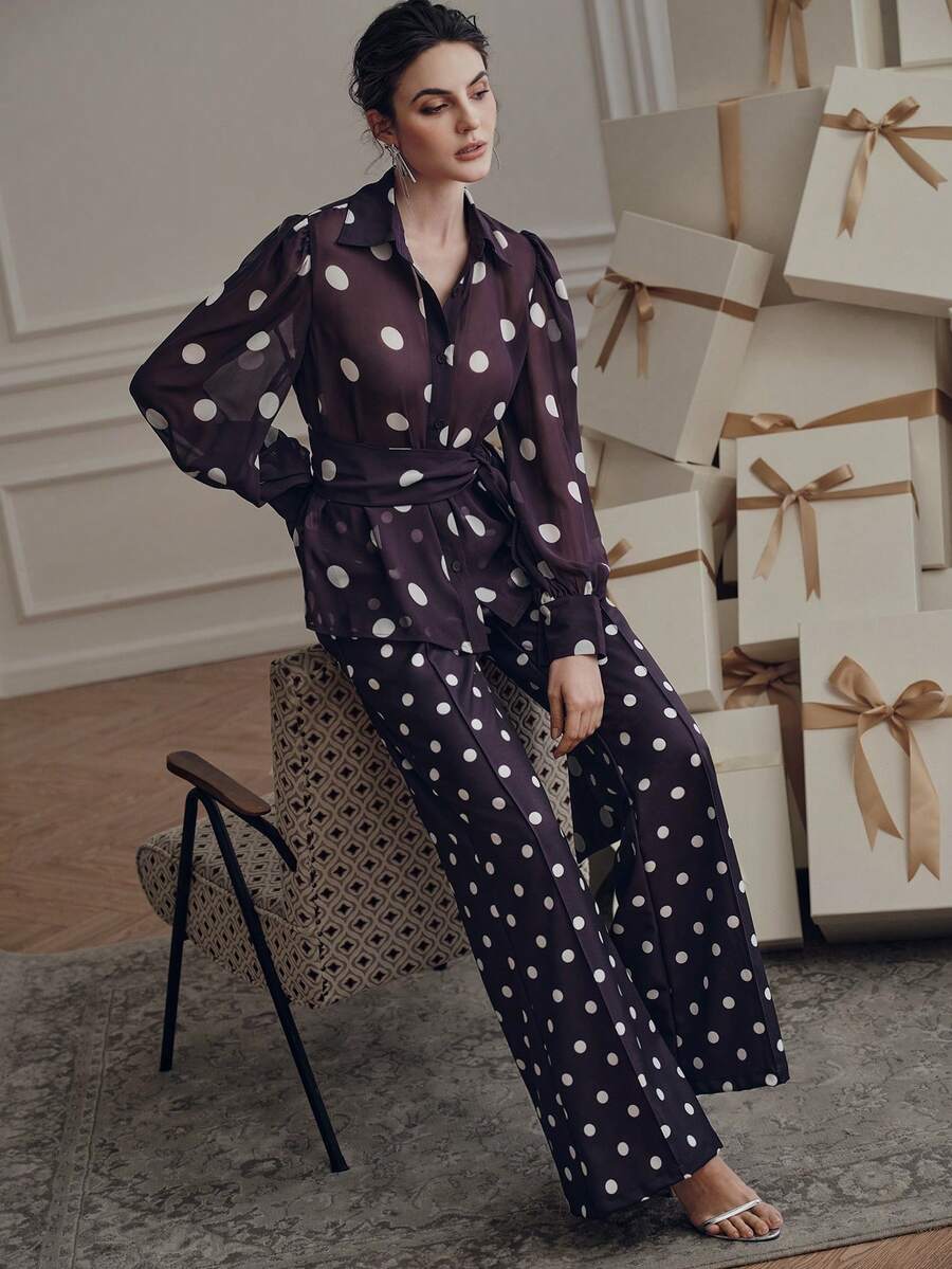 Anewsta Petite Bộ đồ dự tiệc thanh lịch gồm áo sơ mi và quần ống rộng in họa tiết chấm bi. - Màu tím - Xem 1