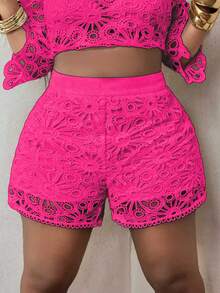 Maweii 大码女式镂空花卉拼接休闲百搭度假约会短裤 - 粉色 - 查看 1