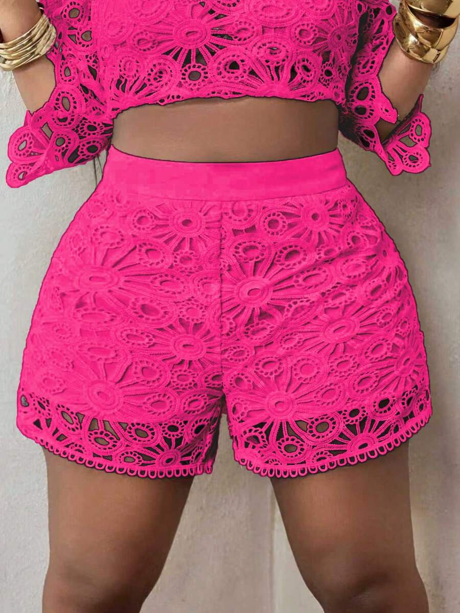 Maweii 大码女式镂空花卉拼接休闲百搭度假约会短裤 - 粉色 - 查看 1