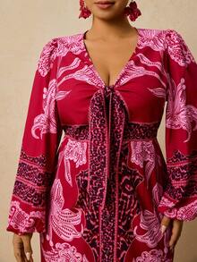 Travachic 大码浪漫优雅花卉豹纹V领前系蝴蝶结长袖连衣裙，适合新年派对和节日场合。 - 玫紅色 - 查看 7