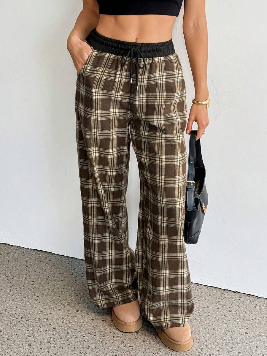 SHEIN Tall Quần ống rộng kẻ caro dáng rộng thoải mái cho nữ - màu nâu - Xem 1