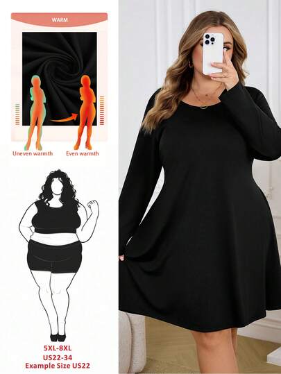 SHEIN CURVE+ Plus Size Women's Slim Fit Long Sleeved High Neck Mini Skirt, Folded Edge, Coffee Color, Suitable For Autumn And Winter Layering, Dating Or Commuting, Elegant Card Skirt, Umbrella Skirt, Office Clothes, Work Clothes, Autumn Interior