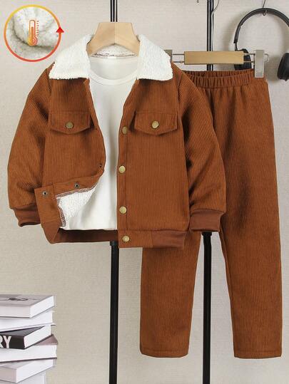 Genkimix Kids 两件套男童时尚套装，包括一件保暖内衬开衫外套和一条松紧腰长裤，适合正式场合、学校、假期和日常穿着。