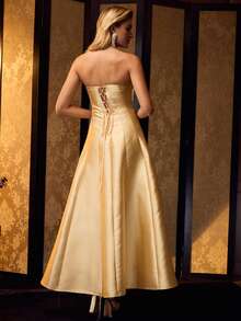 MOTF Soiréza FORM-FITTING STRAPLESS MAXI PARTY GOWN, STIFF LUSTROUS FABRIC, CHEST RUCHING & WAIST FAUX PEARL EMBELLISHMENT BACK LACE-UP DESIGN DRESS, IDEAL FOR WEDDINGS, GALAS & FORMAL EVENINGS, STYLE WITH STRAPPY HEELS & DAINTY JEWELRY - Yellow - View 4