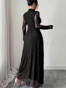 Modelyn Women's French Style Mock Neck Lace Cinched Waist Dress - Black - View 2