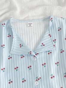 SHEIN Vintaside Kids Tween Girls Blue Ribbed Long Sleeve Button Up Two Piece Pajama Set With Cherry Pattern - Blue - View 4