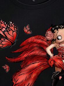 Betty Boop x SHEIN Plus Size Summer Casual Butterfly & Cartoon Figure Graphic Round Neck Short Sleeve T-Shirt - Black - View 4