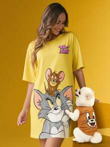 TOM & JERRY X SHEIN Women's Casual Cute Cartoon Pattern Round Neck Short Sleeve Nightgown, Summer, Moo Moo Night Dress