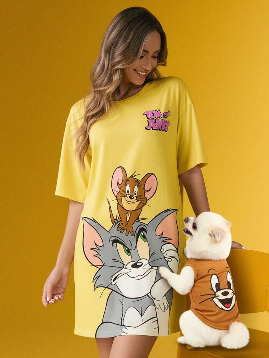 TOM & JERRY X SHEIN Women's Casual Cute Cartoon Pattern Round Neck Short Sleeve Nightgown, Summer, Moo Moo Night Dress