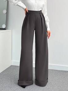 SHEIN Tall Women Solid Color High Waist Wide Leg Pants Women S Bottoms Women Summer Clothing Women Summer Sets Wide Pants - Dark Grey - View 4