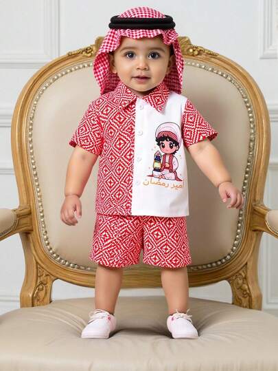 SHEIN Conjunto de camisa a cuadros con luna y estrella del desierto árabe + pantalones cortos a juego para niños pequeños, estilo tradicional de Jalabiya/Abaya de Oriente Medio, tela suave, corte holgado, adecuado para fiestas, reuniones, sesiones de fotos, uso diario, primavera/verano, 3M-3Y