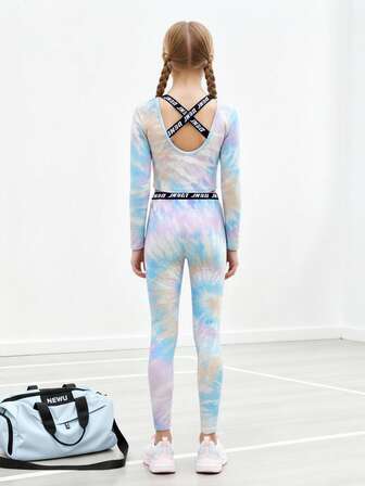 JNSQ Tween Girl Clothes, Girl Outfit Sets, Children's Autumn/Winter Sportswear, Autumn/Winter Girls Long Sleeve Thermal Lined Fitted Tie-Dye Top Paired With Fitted Yoga Pants Set, Funny 3M Reflective Logo Fitted Top Paired With Yoga Pants 2-Piece Set, Suitable For Autumn/Winter Daily Wear, Outdoor Activities, Vacation, Streetwear, Party And Leisure