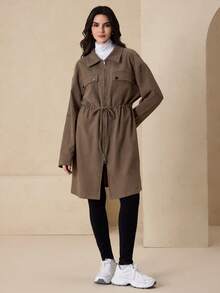 Graceveil Chaqueta casual larga con cremallera frontal, cuello con cordón, cuatro botones, bolsillos cargo y puños de manga de mujer en tela de twill marrón con forro polar - Marrón - Ver 7