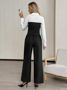 Easowa Conjunto casual de 2 piezas de camisa de manga larga con rayas y parches y pantalones de pierna ancha para mujer - Blanco y Negro - Ver 2