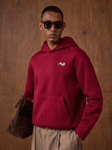 AKNOTIC 男士酒红色字母刺绣口袋休闲连帽卫衣 - 紅色 - 查看 5