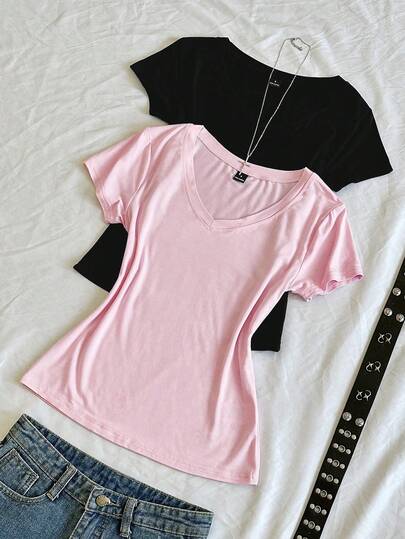 StreetHx Camiseta ajustada de verano con cuello en V para mujer, camiseta básica de manga corta ajustada con cuello en V de unicolor de la subcultura punk anime